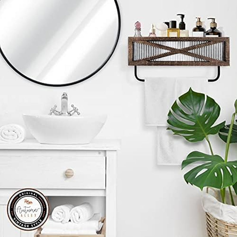 Chic Farmhouse Rustic Towel Rack and Shelf - Stylish Wood and Galvanized Metal Design for Your Bathroom and Kitchen - Wall Mounted Storage Solution in Rustic Brown