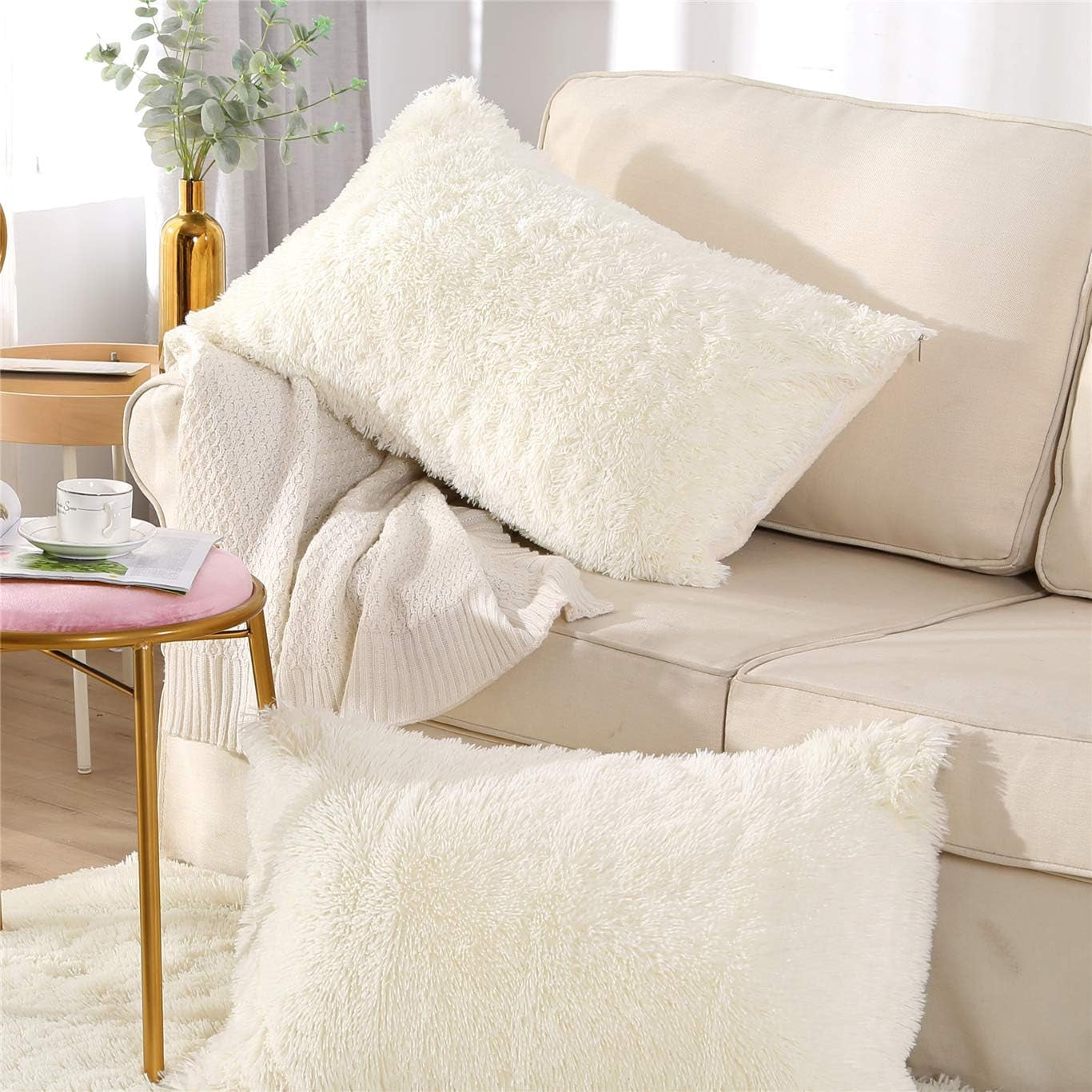 Fluffy Pillowcase Standard Size Set of 2, Creamy White, Sherpa Shaggy Pillow Cases Decorative Covers with Zipper (Cream White)