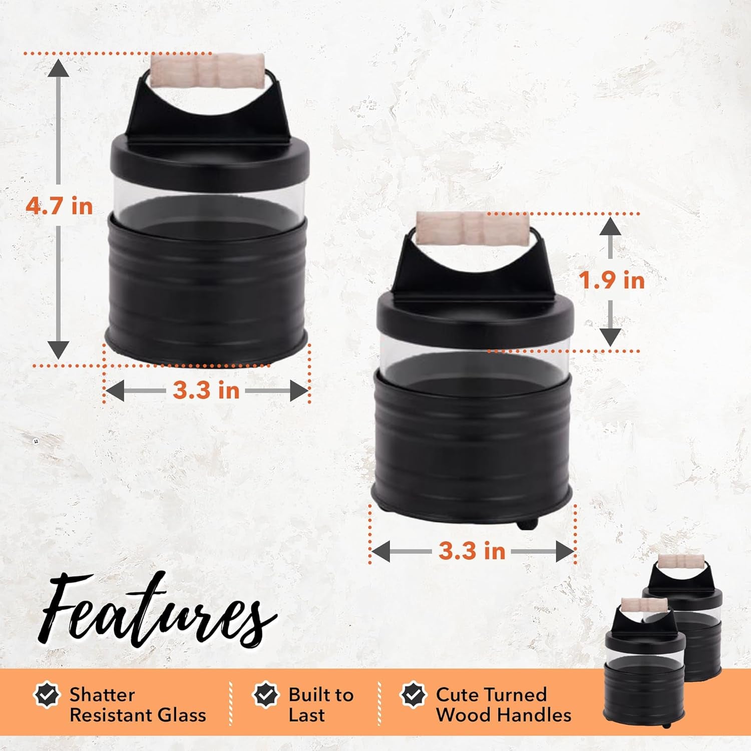 Deluxe Farmhouse Apothecary Jars Set, Black Bathroom Jars Qtip Holder Glass - Rustic Vanity Organizer for Bathroom Counter, Cotton Balls, Swabs, Rounds, Salts 2-Small Glass with Lids