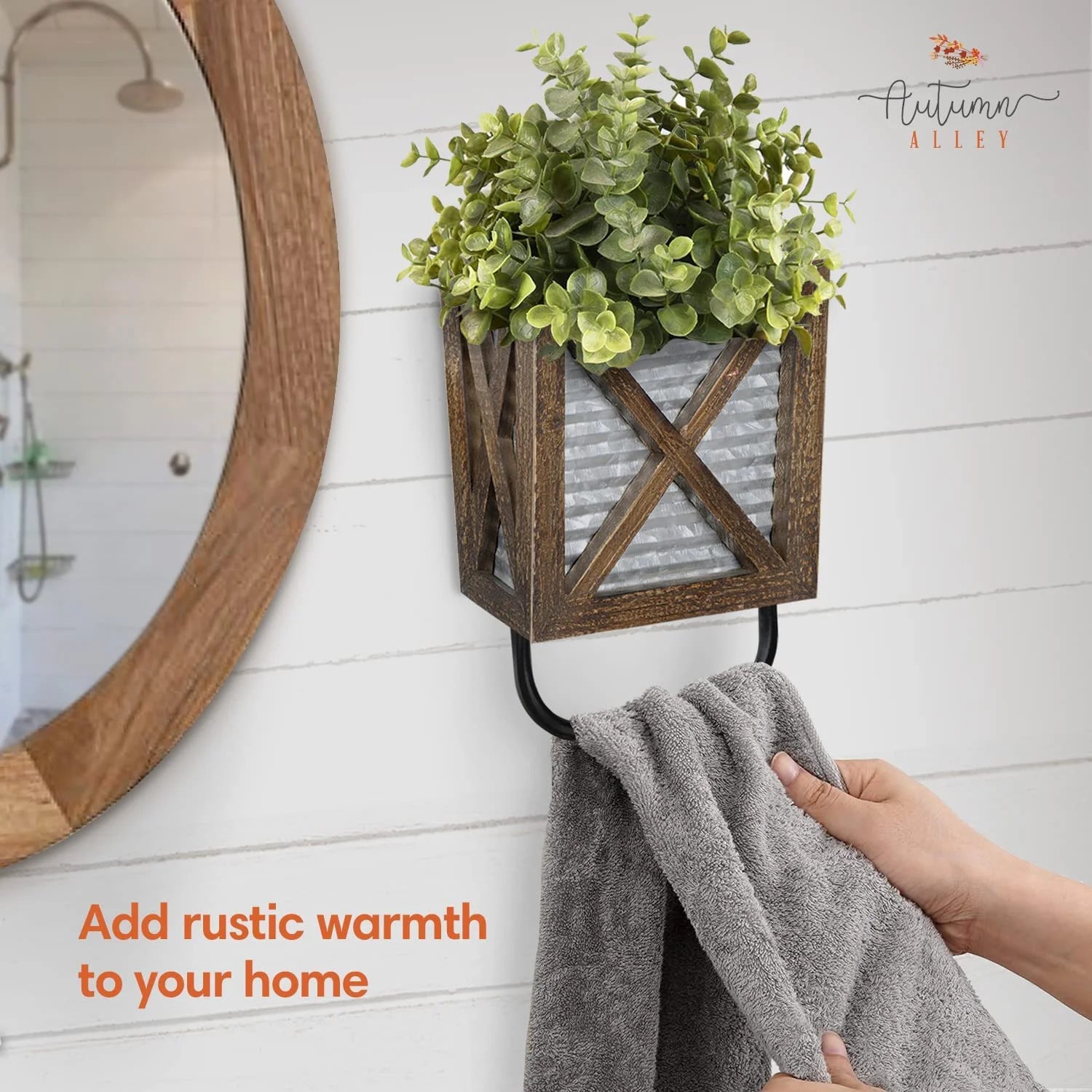 Rustic Farmhouse Hand Towel Holder - Stylish Wall Storage for Your Bathroom and Kitchen in Weathered Brown Wood and Galvanized Metal