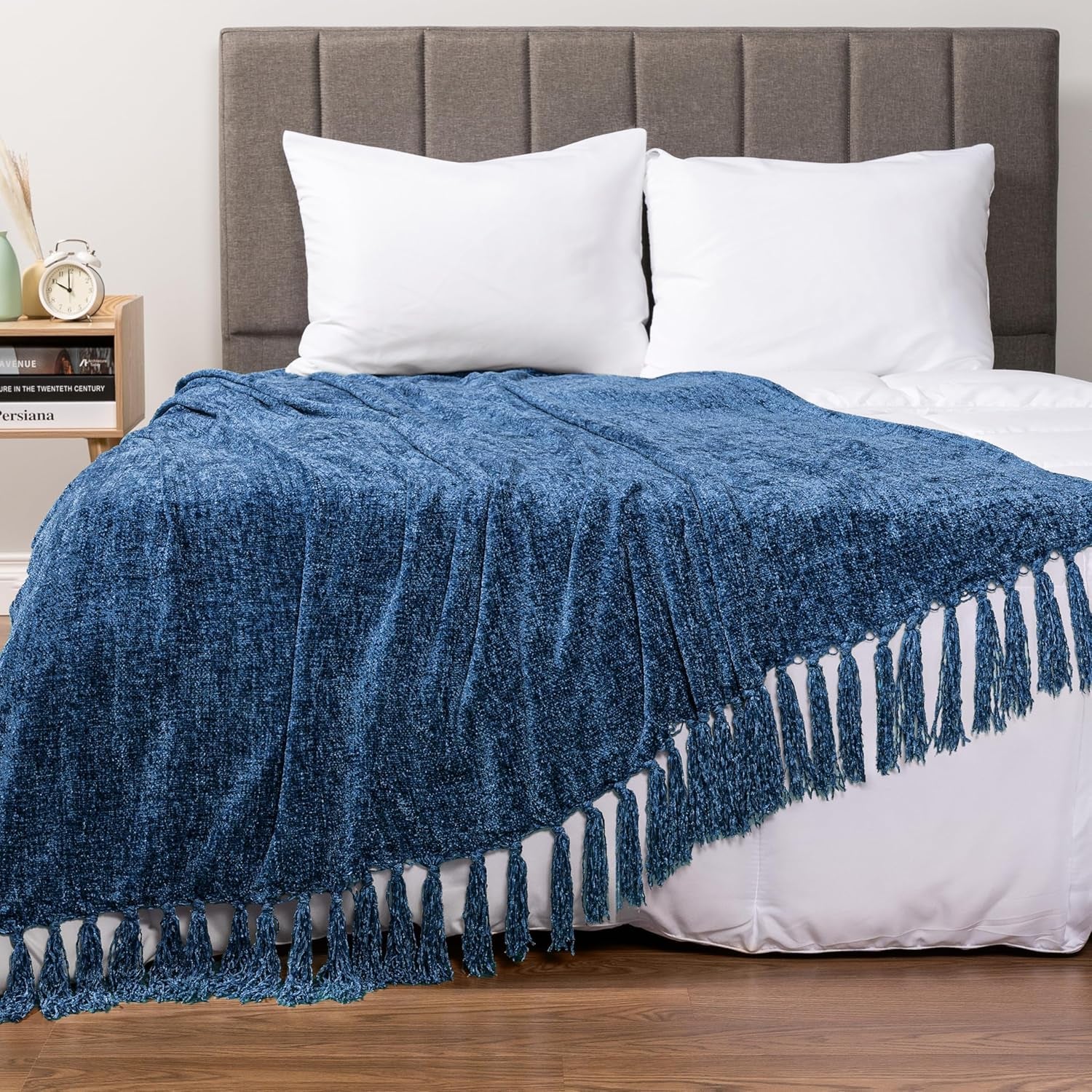 Blue Throw Blanket, Twin Size, Chenille, Knit Woven with Tassel, Decorative Textured, 60X80