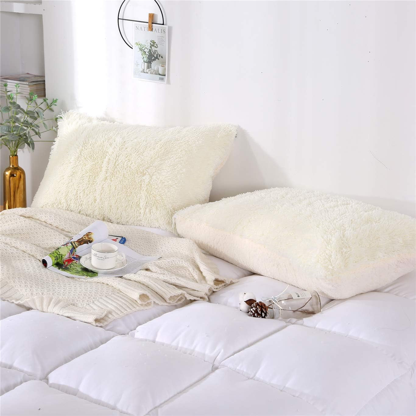 Fluffy Pillowcase Standard Size Set of 2, Creamy White, Sherpa Shaggy Pillow Cases Decorative Covers with Zipper (Cream White)