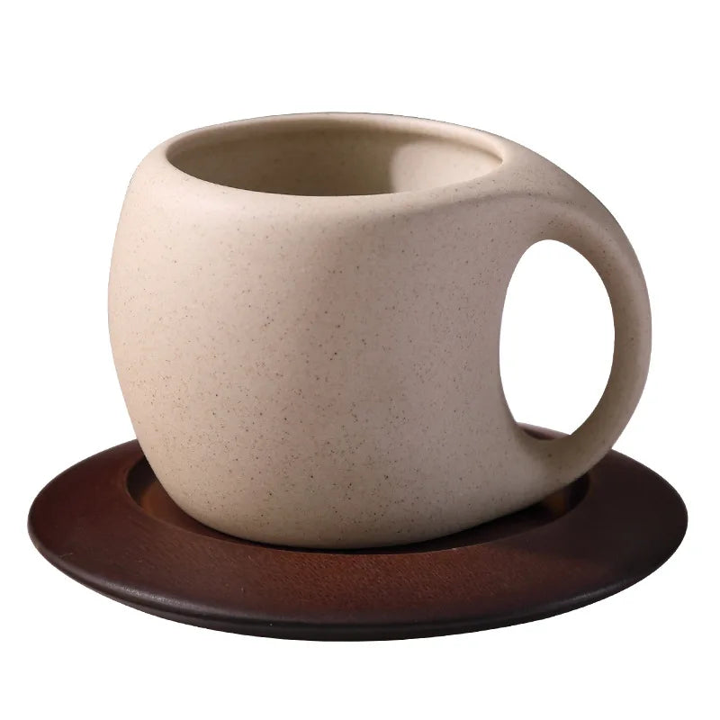 Elegant Retro Ceramic Coffee Cup and Saucer Set with Wooden Coasters - Perfect for Lattes, Teas, and More!