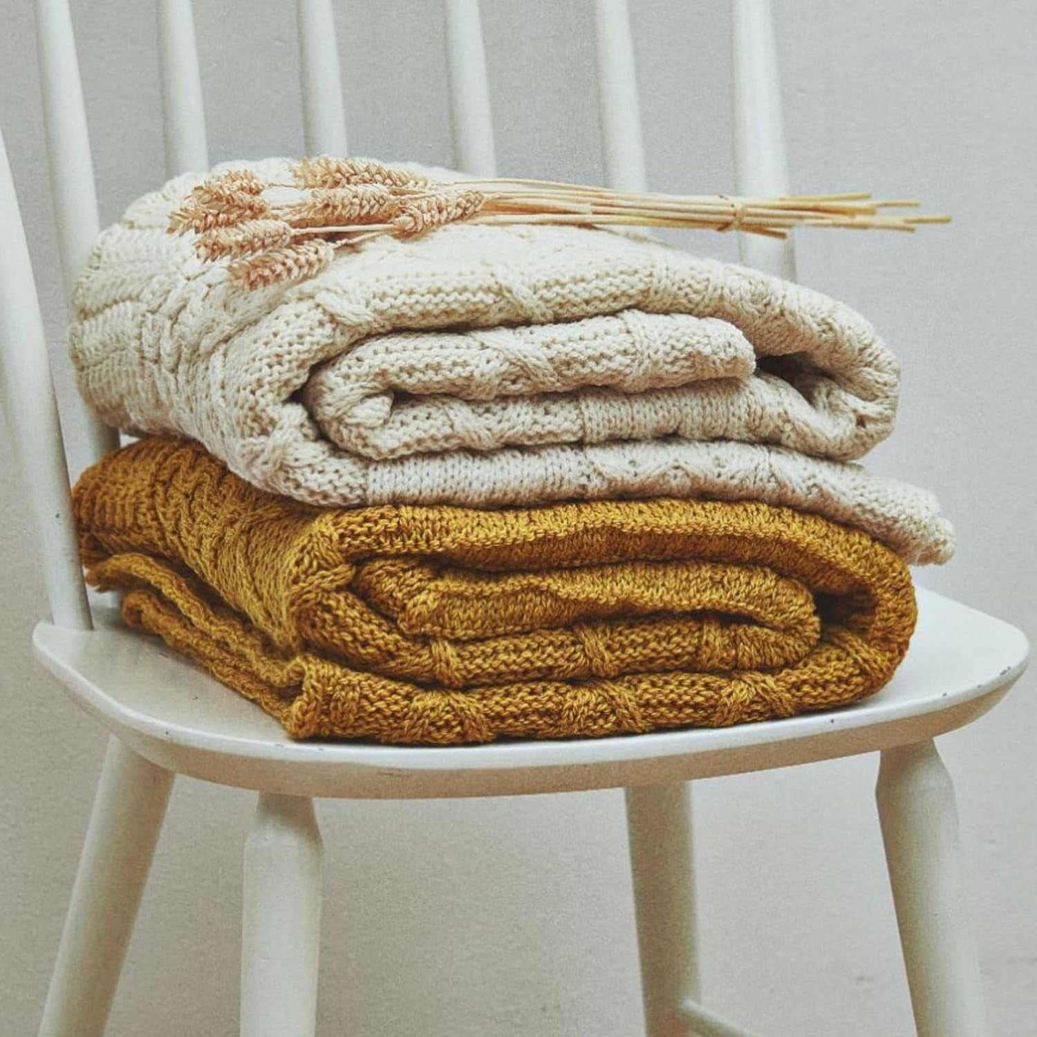 Patchwork Blanket, 100% Merino Wool, Cable Throw Blanket for Couch or Bed, Made in Ireland, Keel, Yellow, 40" X 60" (102 X 152 Cm)