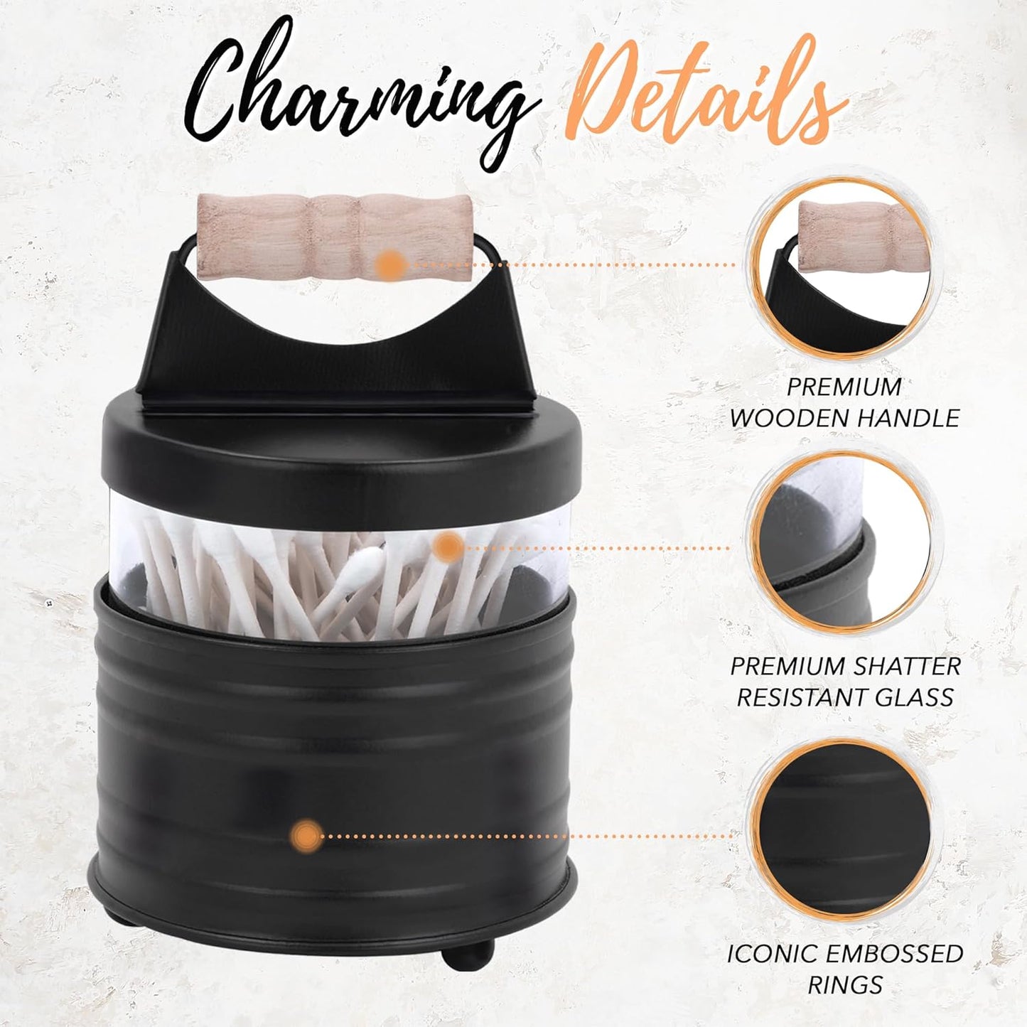 Deluxe Farmhouse Apothecary Jars Set, Black Bathroom Jars Qtip Holder Glass - Rustic Vanity Organizer for Bathroom Counter, Cotton Balls, Swabs, Rounds, Salts 2-Small Glass with Lids