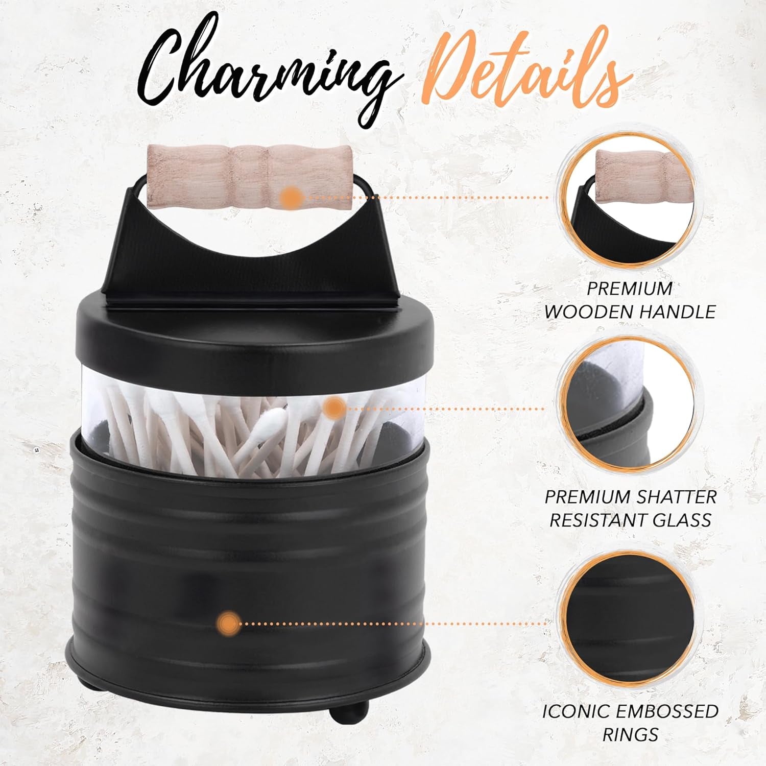 Deluxe Farmhouse Apothecary Jars Set, Black Bathroom Jars Qtip Holder Glass - Rustic Vanity Organizer for Bathroom Counter, Cotton Balls, Swabs, Rounds, Salts 2-Small Glass with Lids