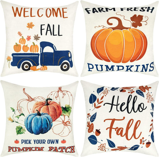 Fall Pillow Covers 18X18 Set of 4, Autumn Fall Outdoor Pillows Harvest Truck Maple Leaves Farmhouse Thanksgiving Fall Throw Pillows for Sofa Couch Room Decor